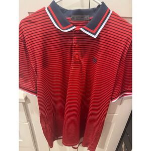 G/FORE Mens Red Navy Blue Striped Skull Graphic Golf Polo Shirt Size Large